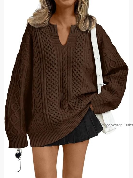 Sweaters - Oversized Cable Knit V-Neck Sweater Pullover Women's Winter Clothing